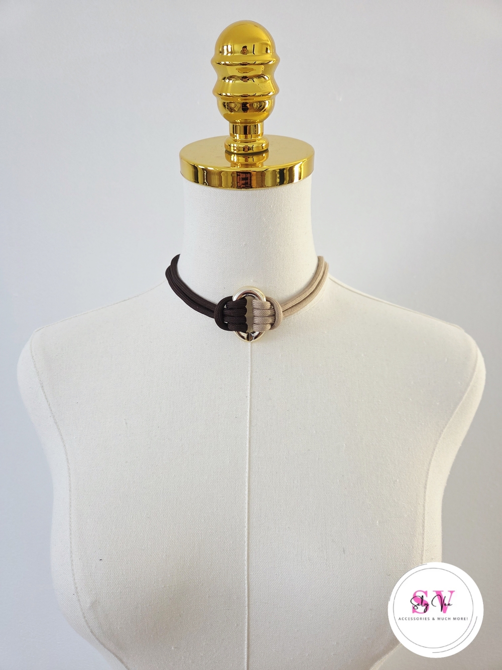 Brown and beige rope necklace with gold ring detail